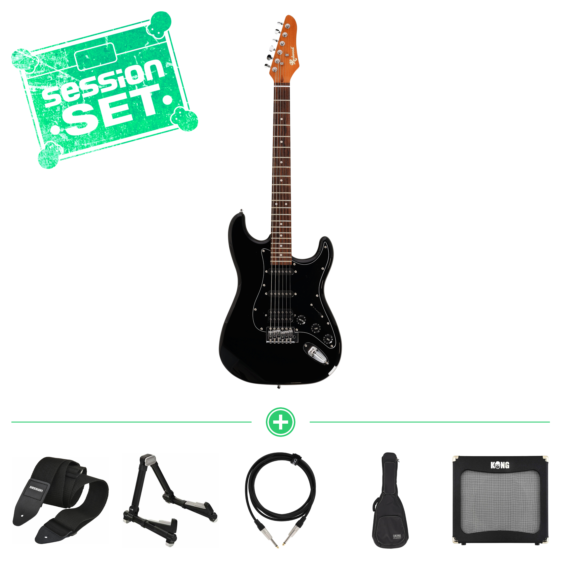 redwood standard s style mn rst hss blk e gitarren set mit gigbag  verstaerker   zubehoer 70000969 1