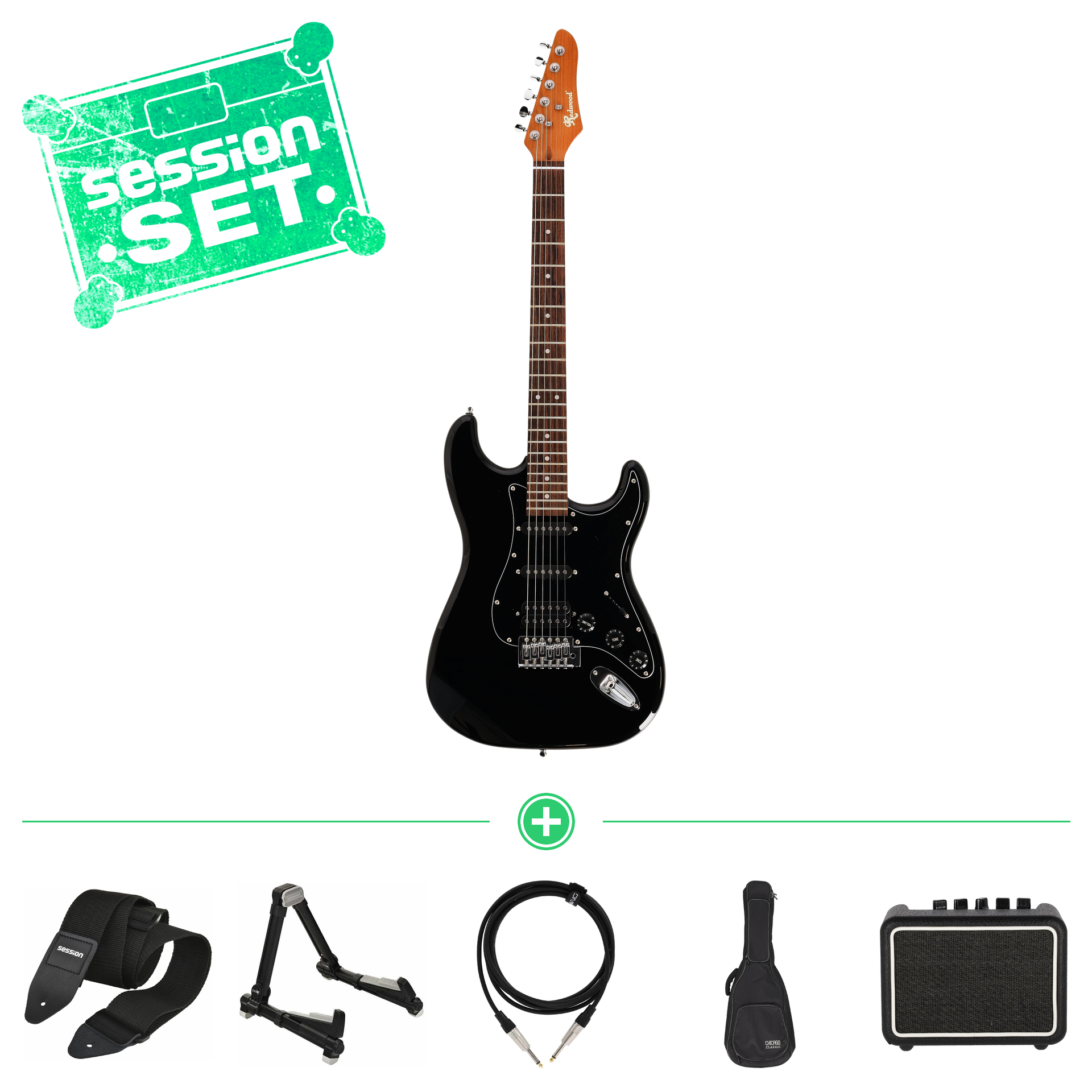 redwood standard s style mn rst hss blk e gitarren set mit gigbag  staender   mini amp 70000965 1